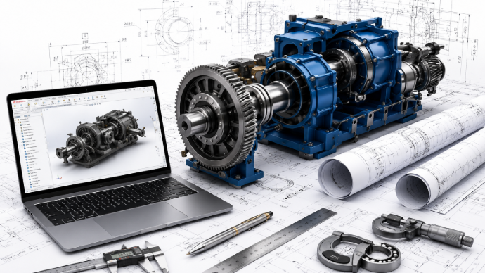 Industrial gearbox CAD design and engineering drawing